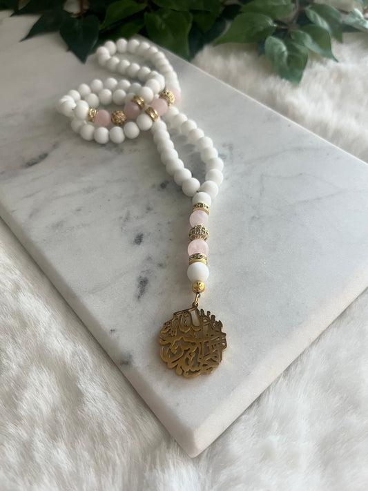 Tasbih - 66 Beads - Matte White & Rose Quartz - Al-Muhsinoon Pendant