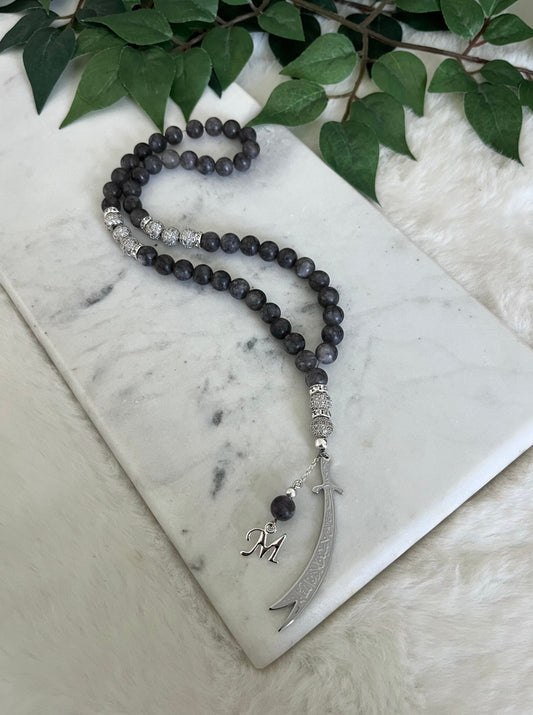 Tasbih - 50 Beads - Grey Jade - Zulfiqar Sword & Letter