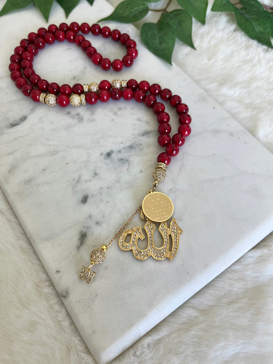 Tasbih - Mercedes - Marble Red & Gold - Allah & Ayatul Kursi - Letter