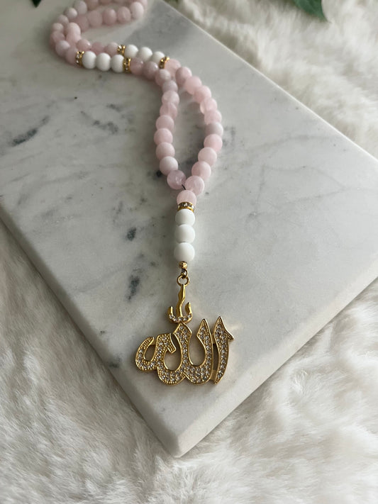 Tasbih - 50 Beads - Matte Rose Quartz & White - Allah Pendant