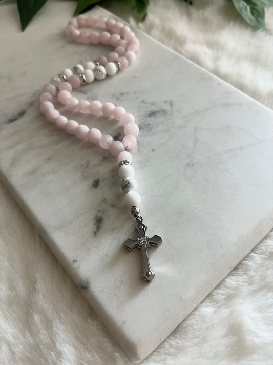 Rosary - 50 Beads - Matte Rose Quartz & Howlite - Stainless Steel Cross