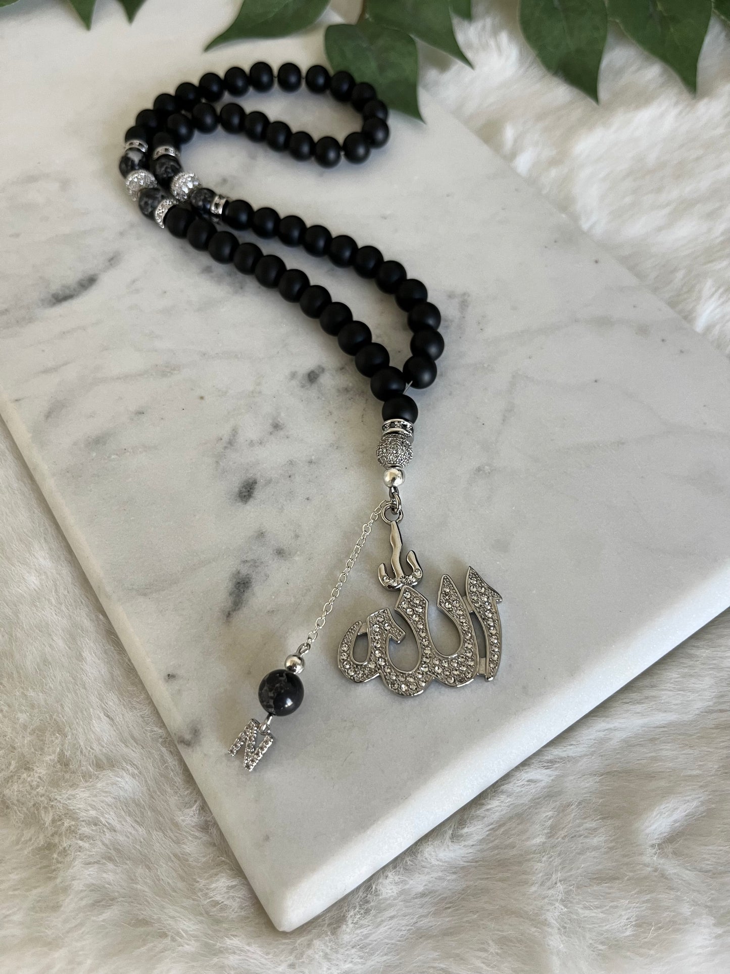 Tasbih - 50 Beads - Matte Black & Jasper - Allah Pendant & Letter