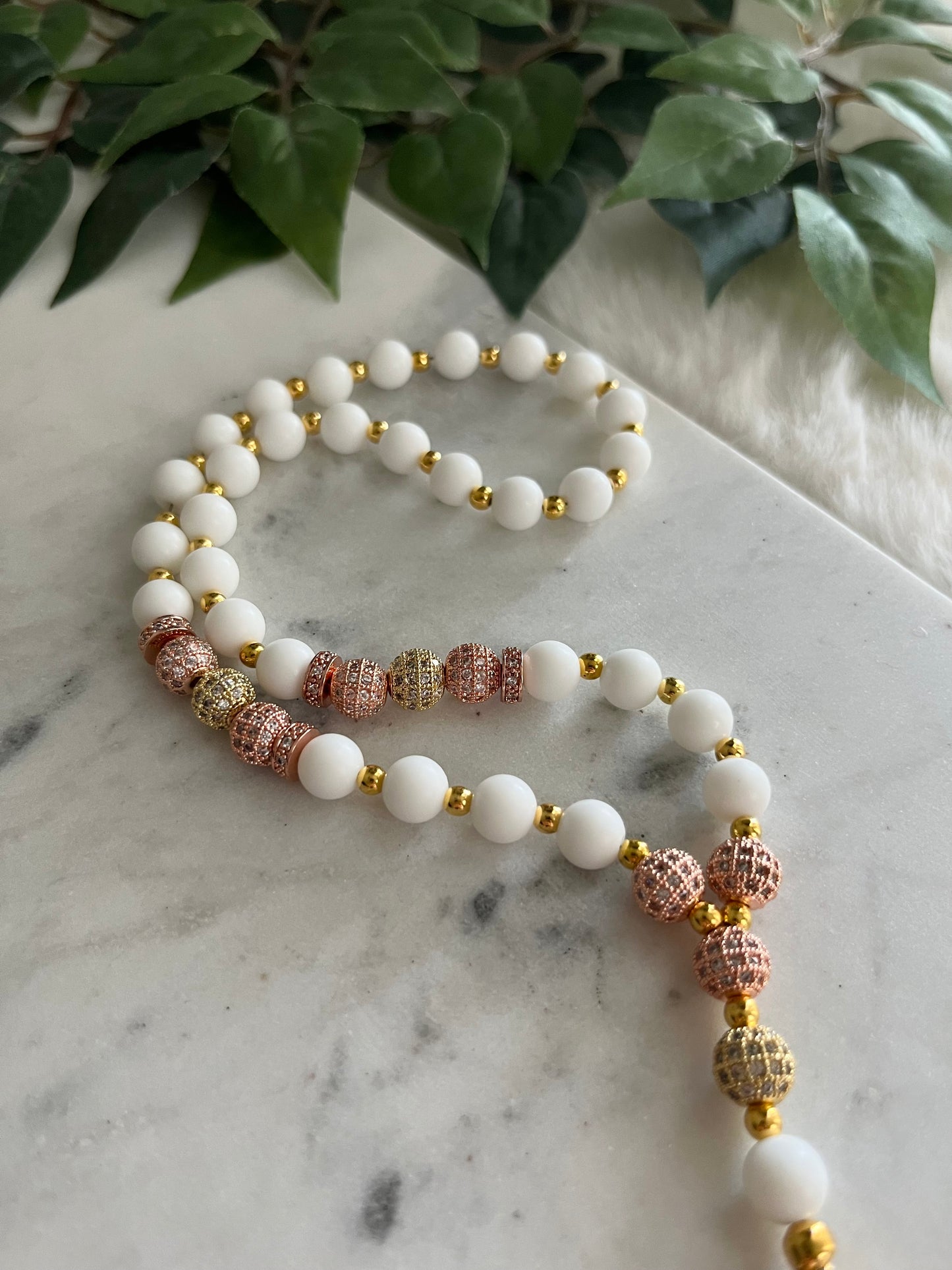 Tasbih - 33 Beads Handheld - Matte White - Rose Gold & Gold - Allah & Ayatul Kursi