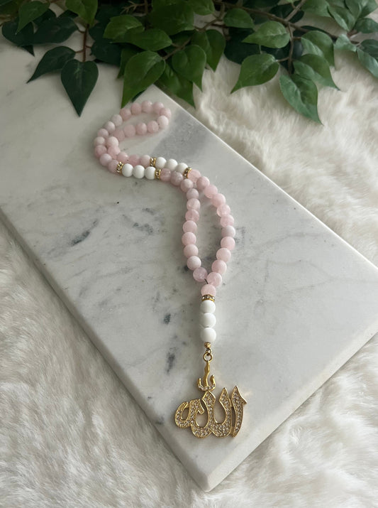 Tasbih - 50 Beads - Matte Rose Quartz & White - Allah Pendant