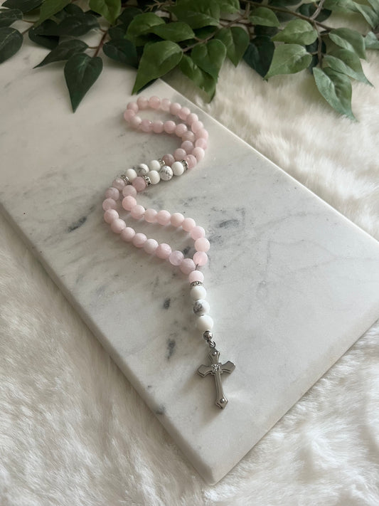 Rosary - 50 Beads - Matte Rose Quartz & Howlite - Stainless Steel Cross