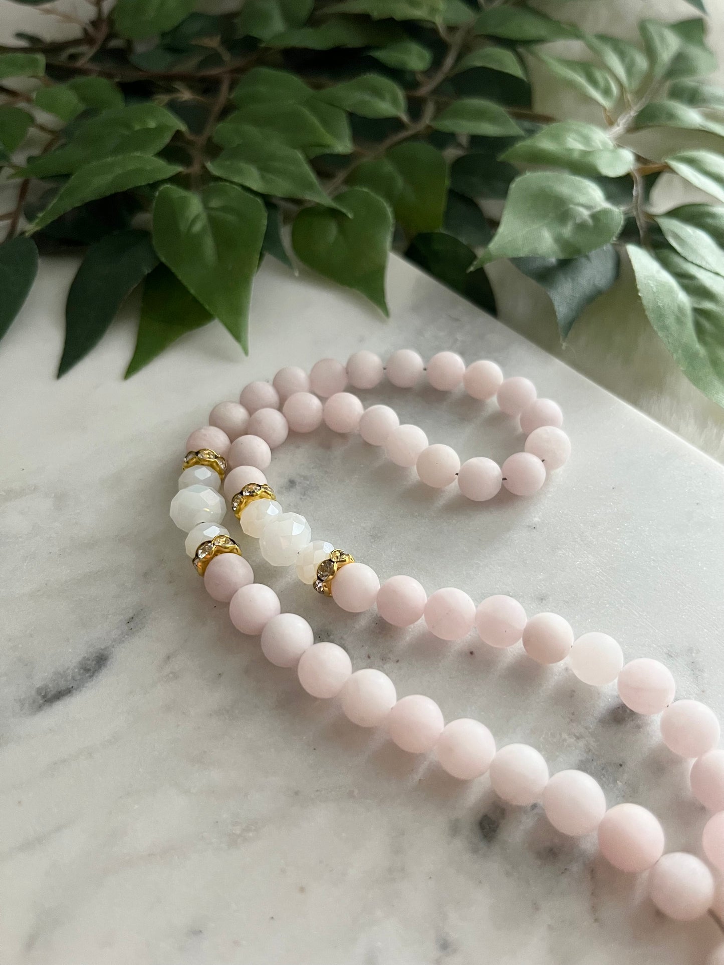 Tasbih - 50 Beads - Matte Rose Quartz - Creamy White - Mini Ayatul Kursi & Letter