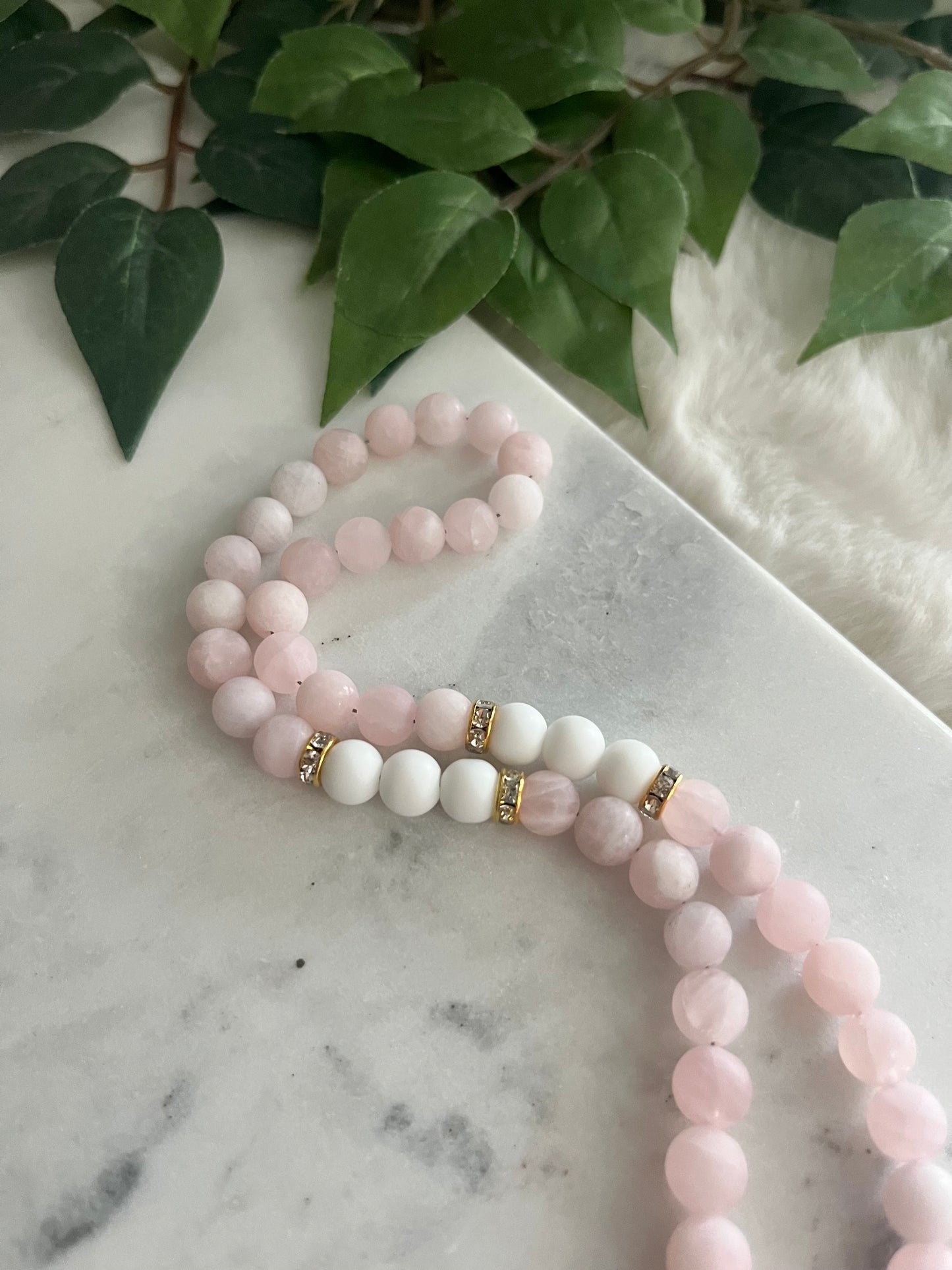 Tasbih - 50 Beads - Matte Rose Quartz & White - Allah Pendant