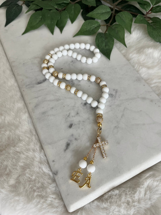 Rosary - 50 Beads - Matte White - Gold Diamond Cross & Letters