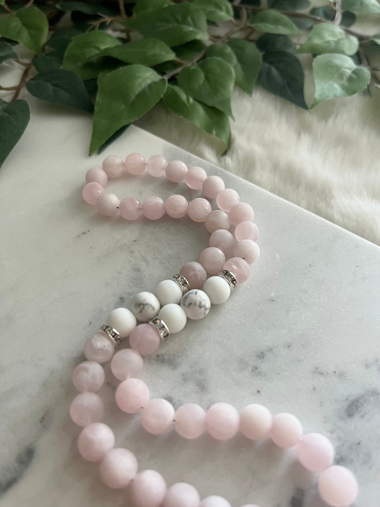 Rosary - 50 Beads - Matte Rose Quartz & Howlite - Stainless Steel Cross