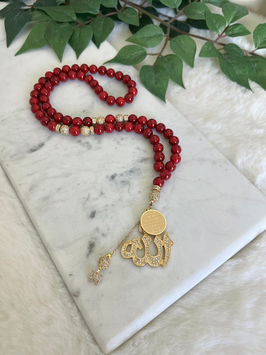 Tasbih - Mercedes - Marble Red & Gold - Allah & Ayatul Kursi - Letter