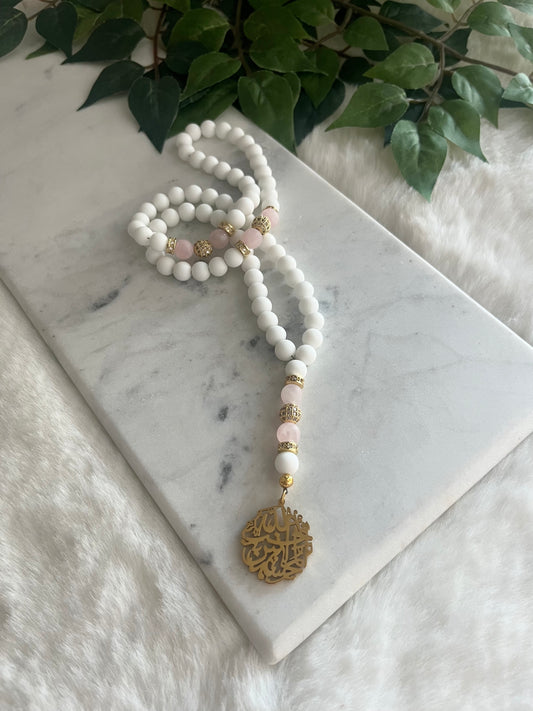 Tasbih - 66 Beads - Matte White & Rose Quartz - Al-Muhsinoon Pendant