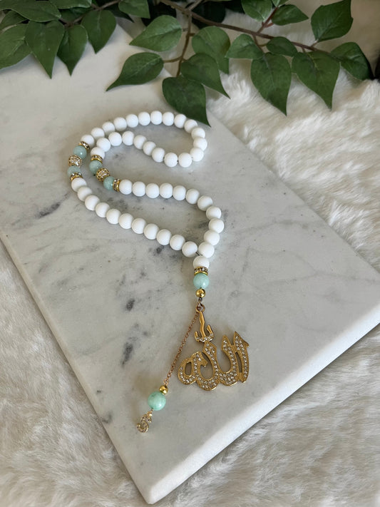 Tasbih - 50 Beads - Matte White & Mashan Jade - Allah Pendant & Letter