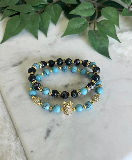 Turquoise Marble Tall King Crown Bracelet Set