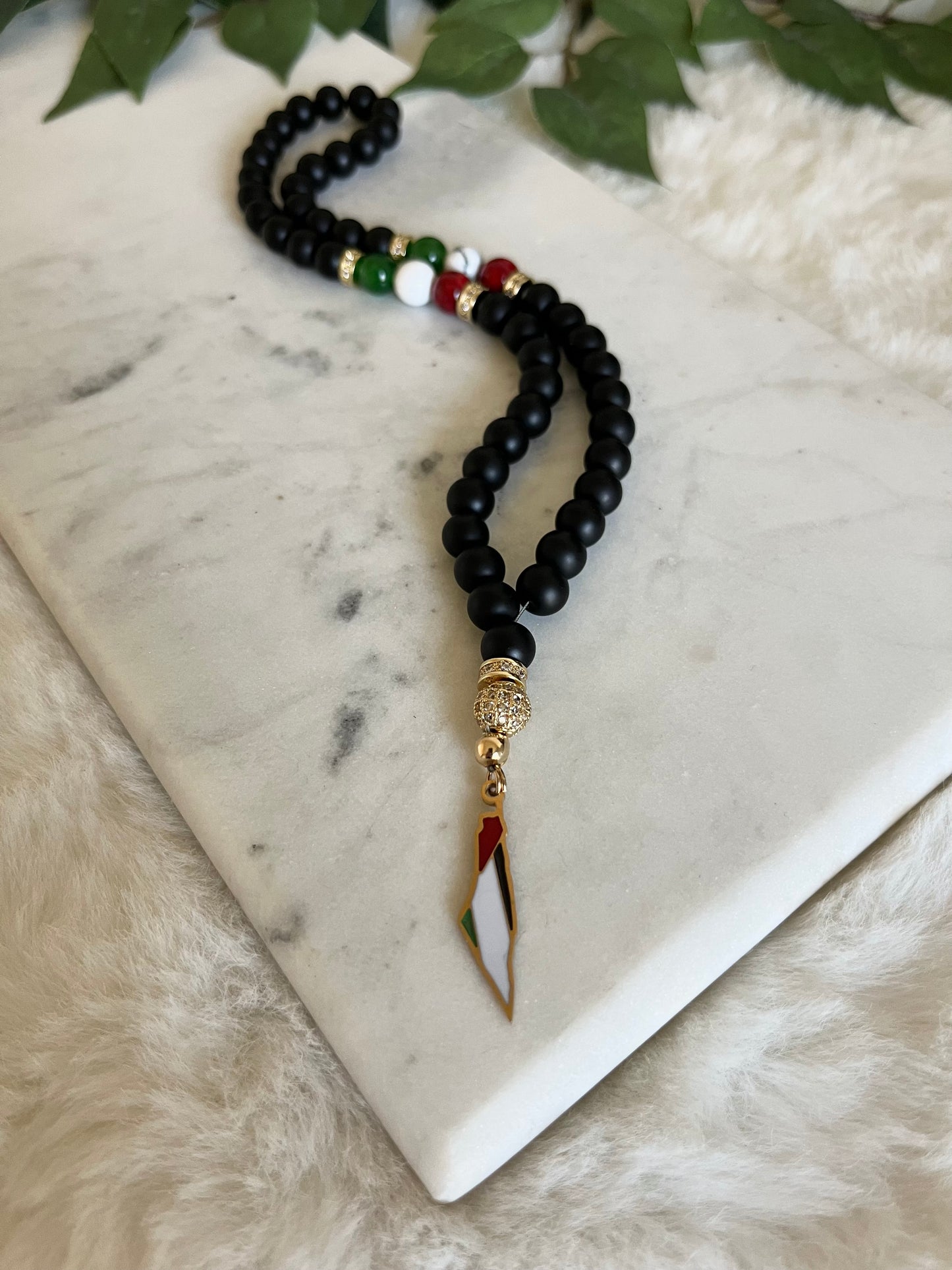 Tasbih - 50 Beads - Matte Black - Palestine Flag