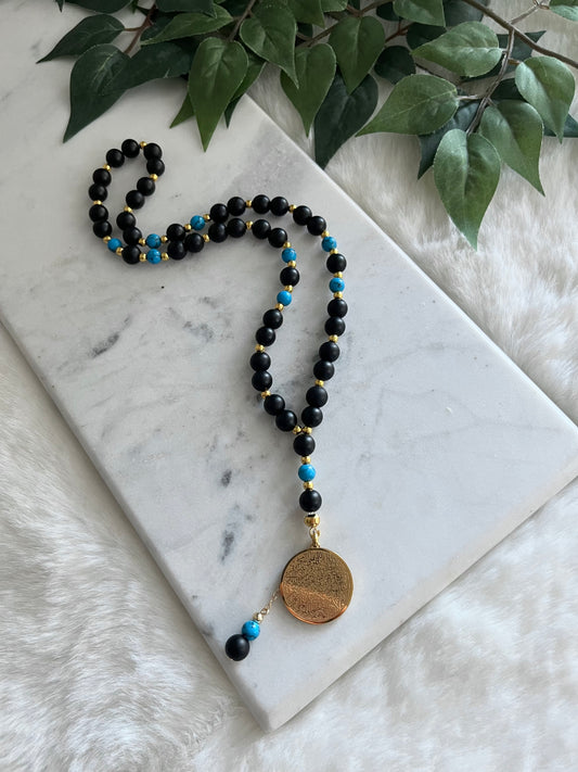 Tasbih - 48 Beads - Matte Black & Marble Blue - Ayatul Kursi