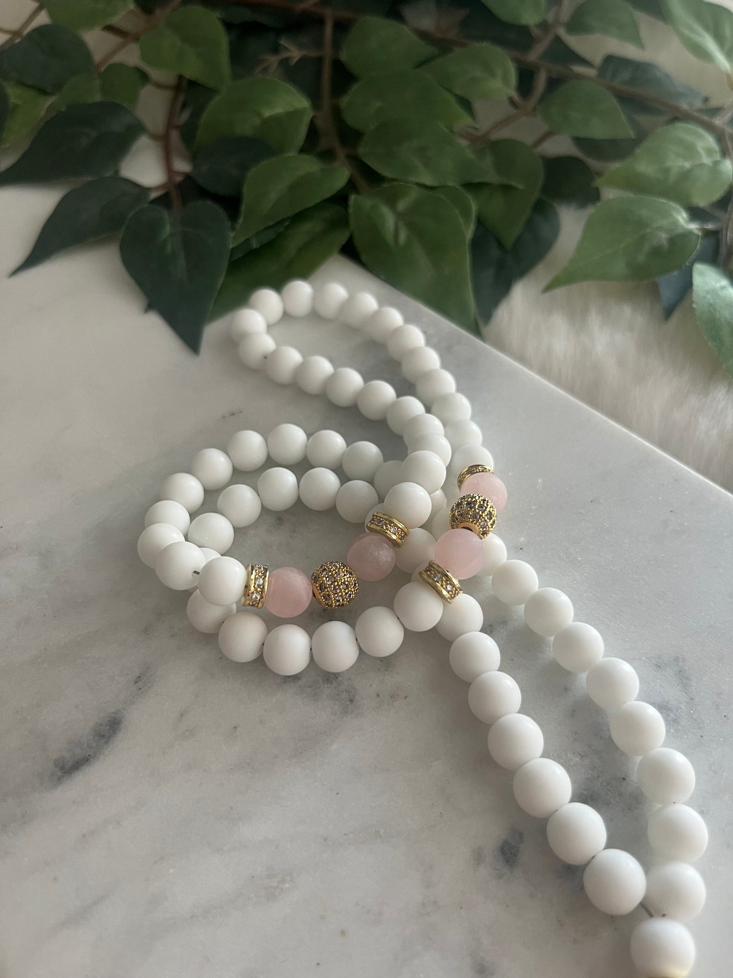 Tasbih - 66 Beads - Matte White & Rose Quartz - Al-Muhsinoon Pendant