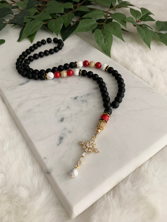 Rosary - Mercedes - Matte black - Golden Cross