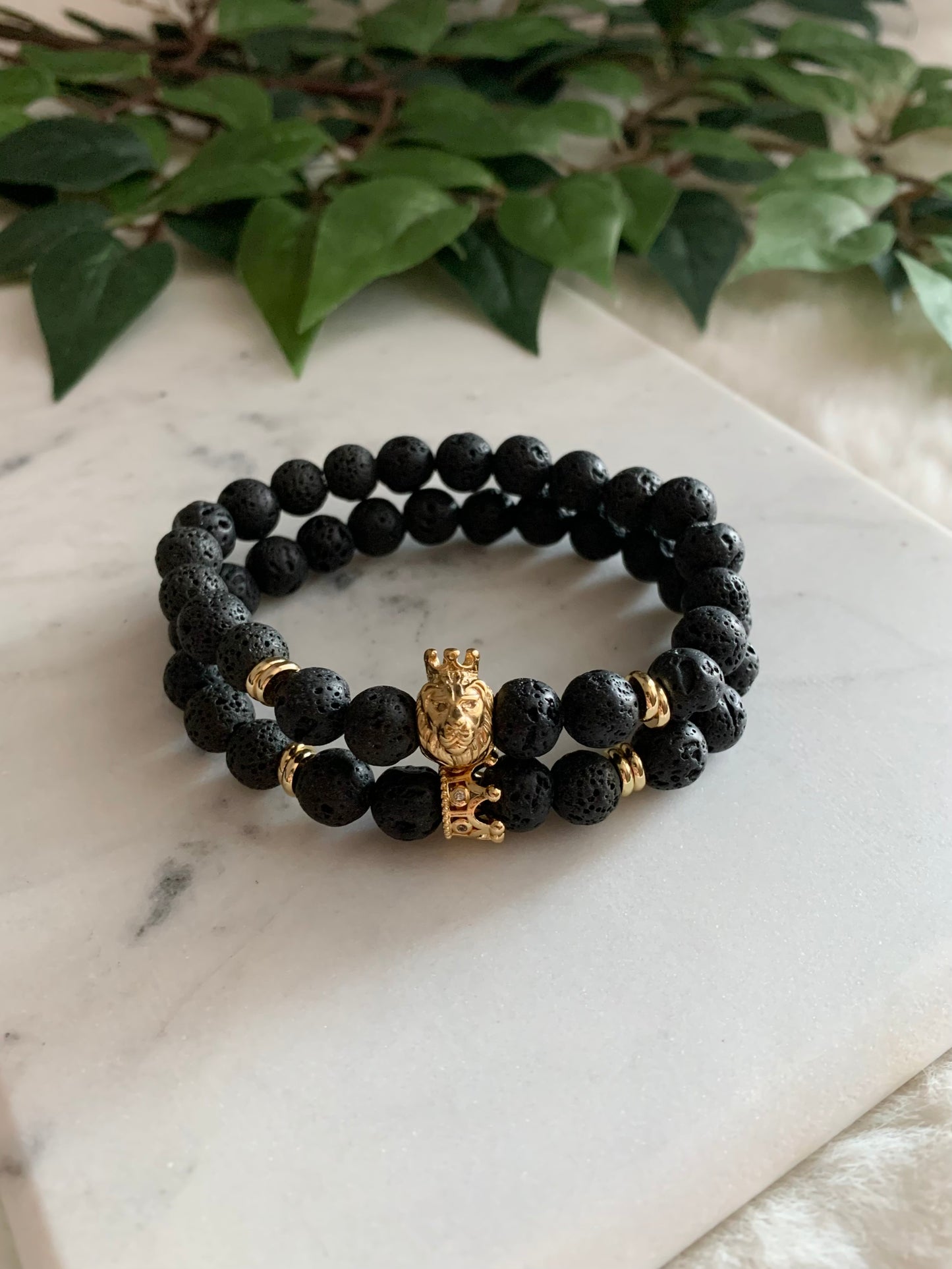 Matte Black Lava Stone King Crown & Lion Bracelet Pair