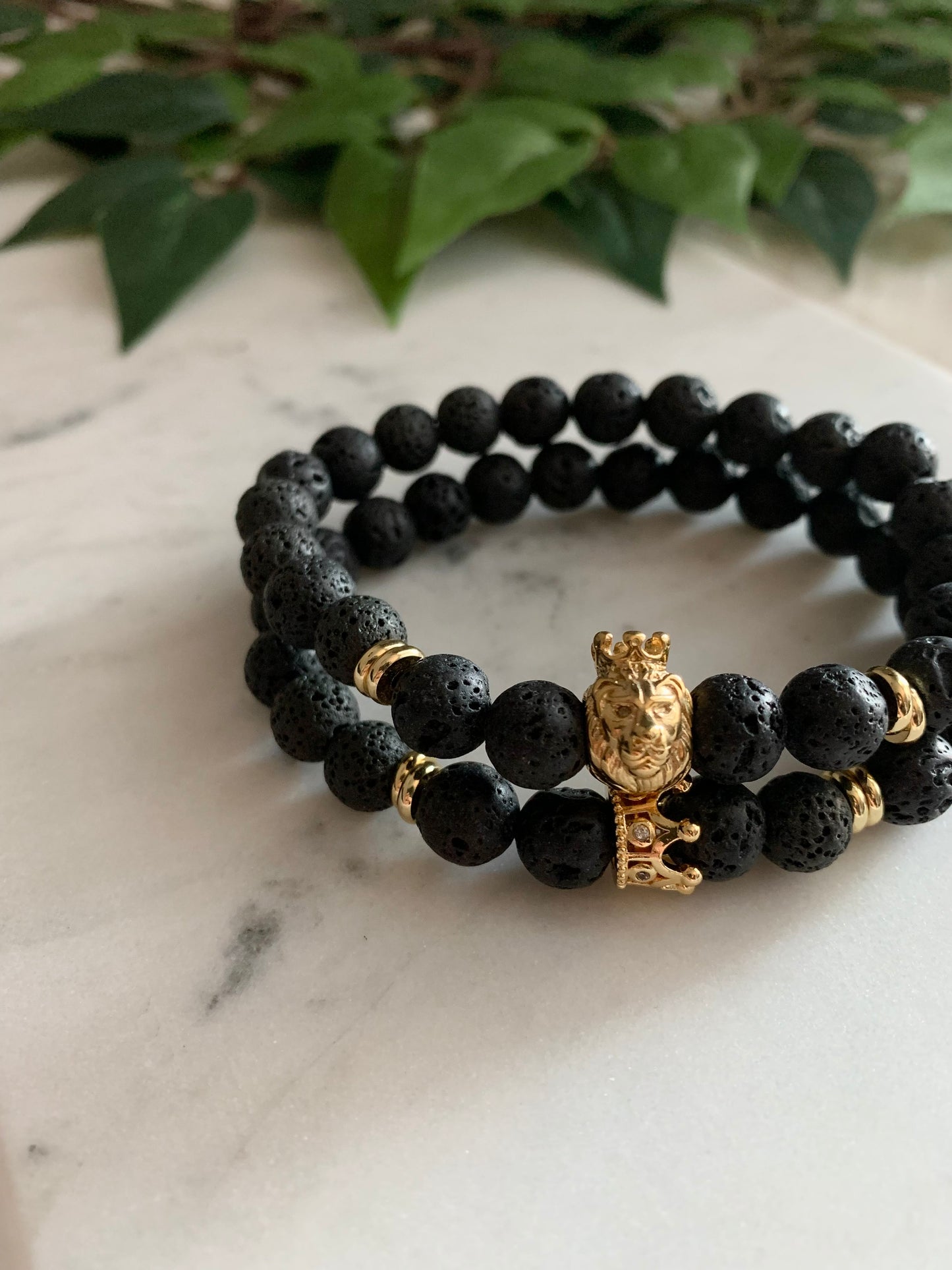 Matte Black Lava Stone King Crown & Lion Bracelet Pair