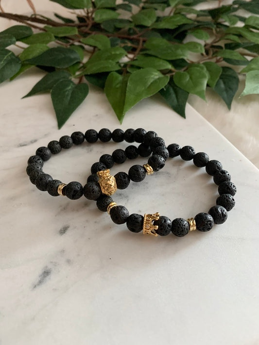 Matte Black Lava Stone King Crown & Lion Bracelet Pair