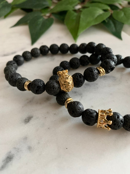 Matte Black Lava Stone King Crown & Lion Bracelet Pair