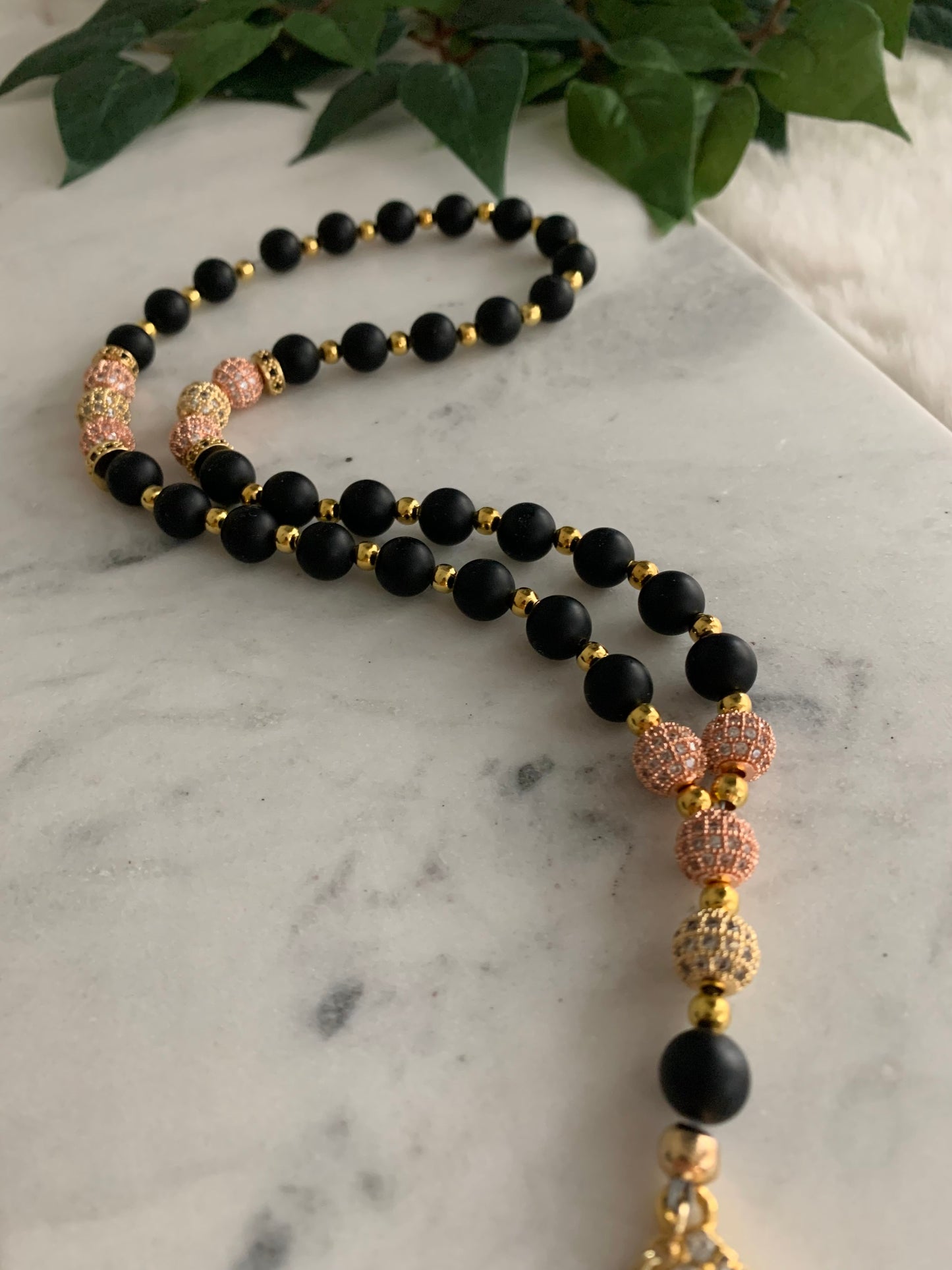 Tasbih - 33 Beads Hanging - Matte black - Gold & Rose Gold - Allah