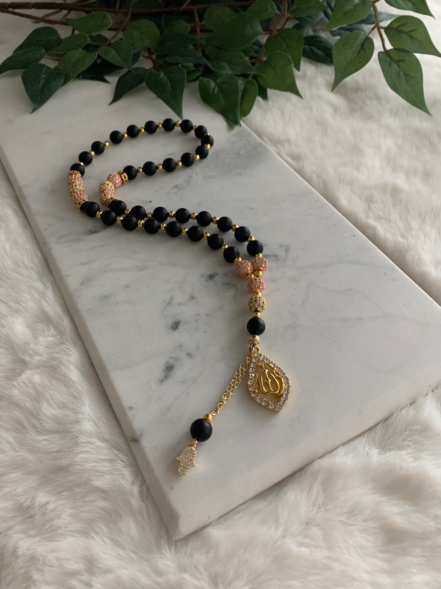 Tasbih - 33 Beads Hanging - Matte black - Gold & Rose Gold - Allah