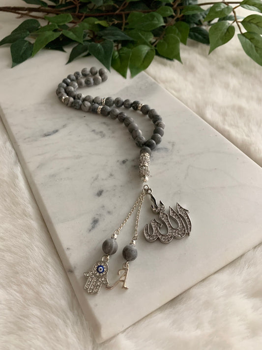 Tasbih - Jeeps & Trucks - Jasper Grey - Allah Pendant - Hamsa Hand - Letter