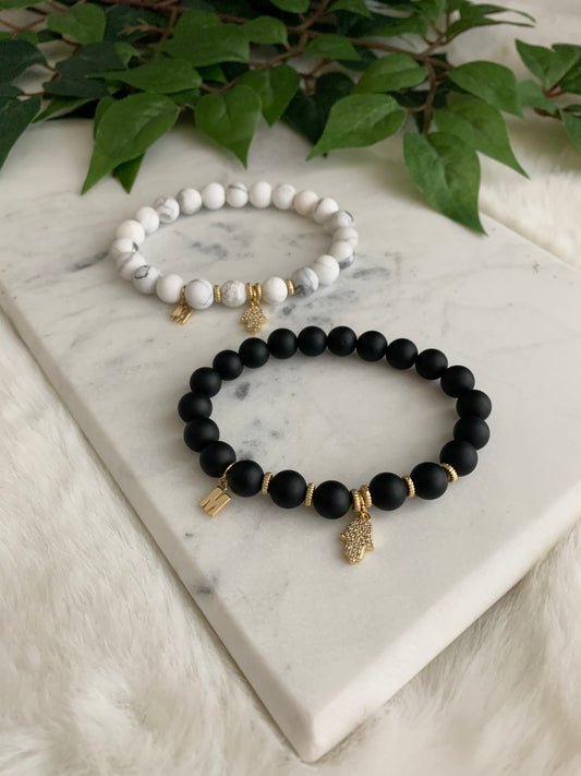 Howlite & Matte black Gold Hamsa Hand Friendship Bracelets