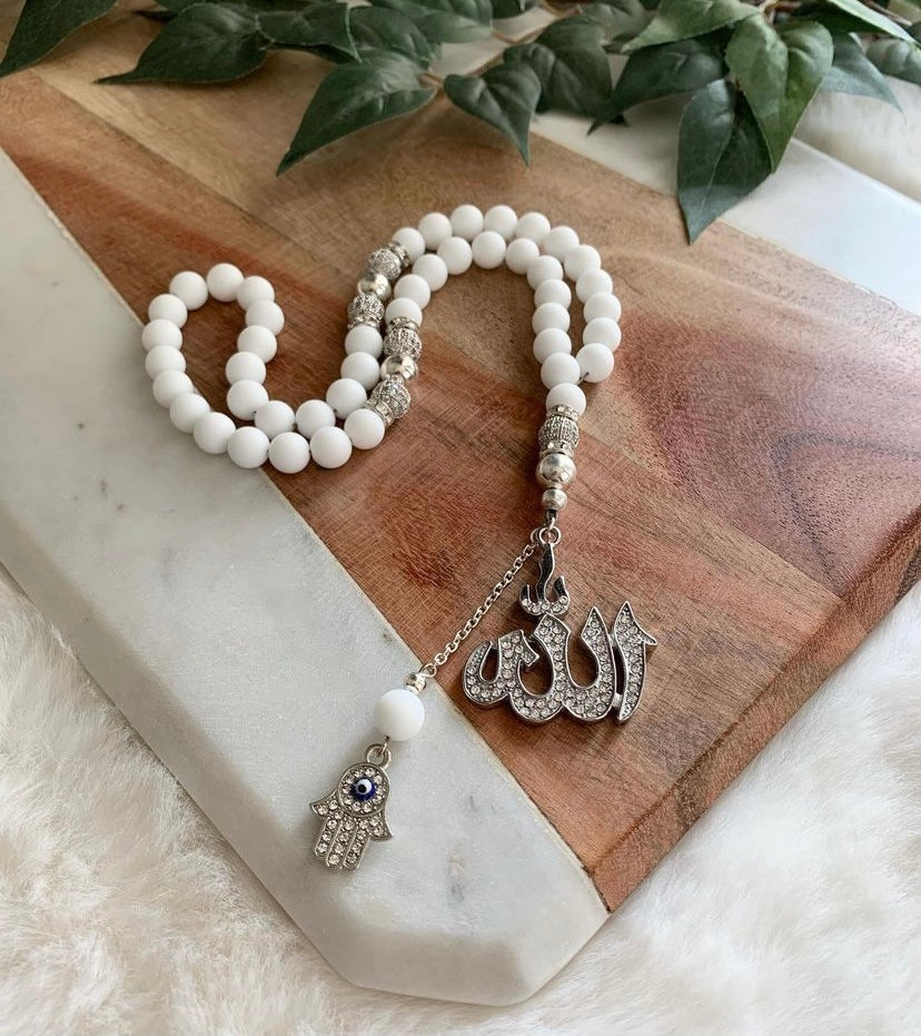 Tasbih - 50 Beads - Matte White & Silver - Allah Pendant