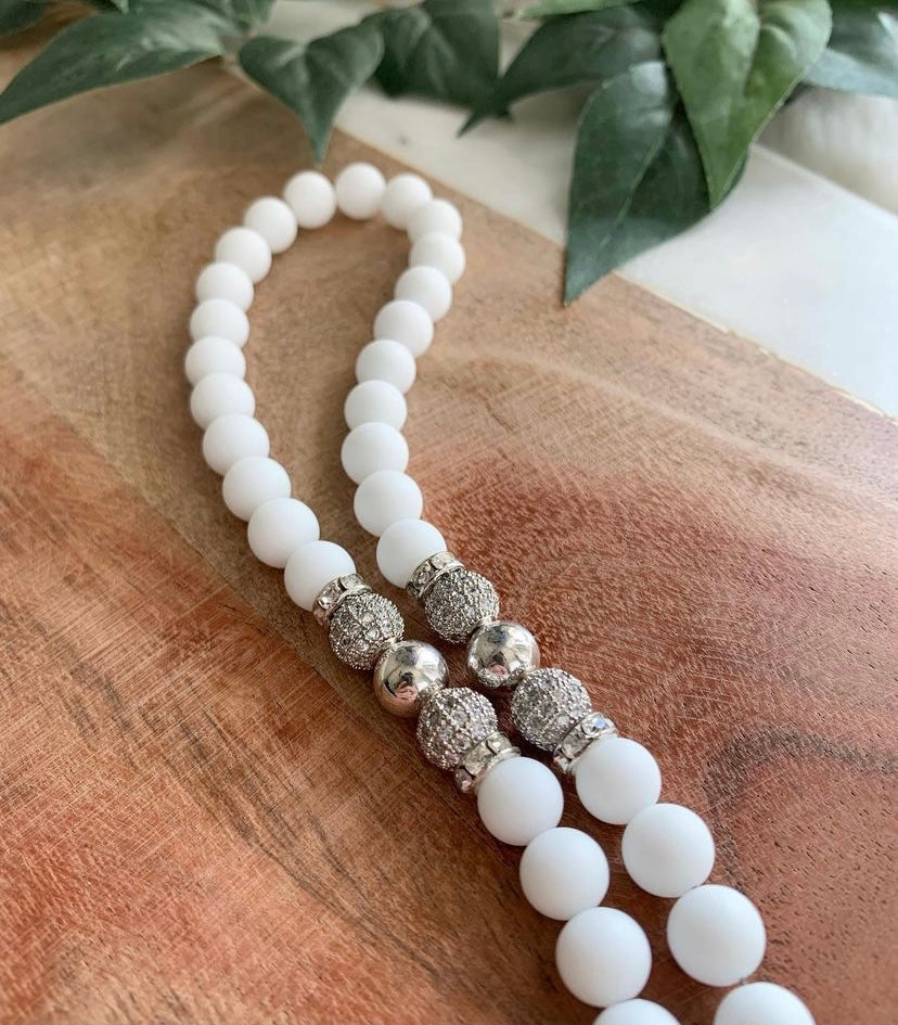 Tasbih - 50 Beads - Matte White & Silver - Allah Pendant