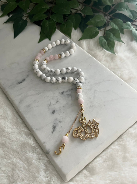 Tasbih - 33 Beads Handheld - Howlite & Rose Quartz - Allah & Letter