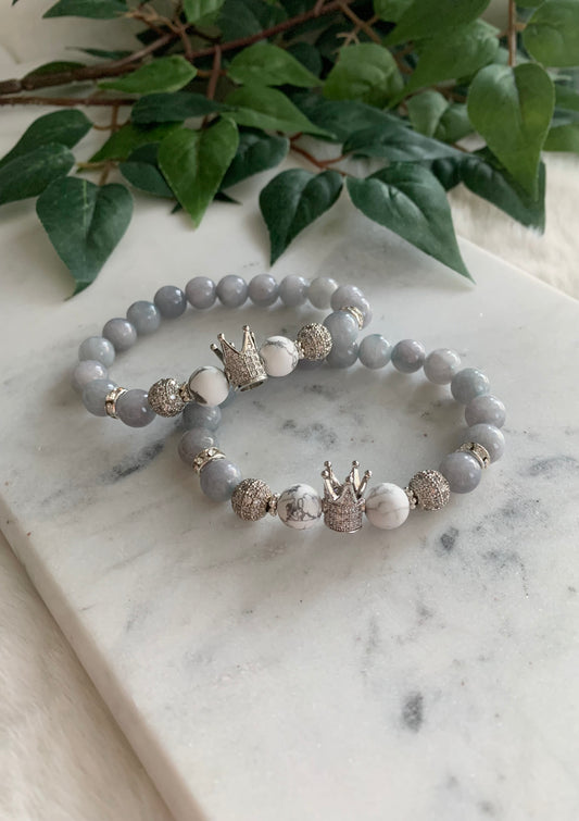 Glossy Grey Tall Silver Crown Friendship Bracelets