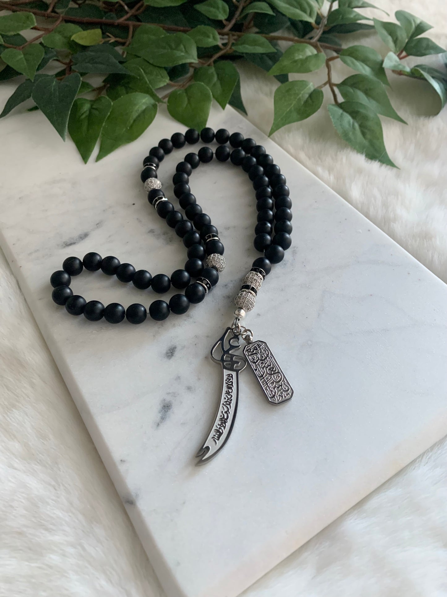 Tasbih - 66 Beads - Matte Black - Zulfiqar Sword & Verily With Hardship Comes Ease Pendant