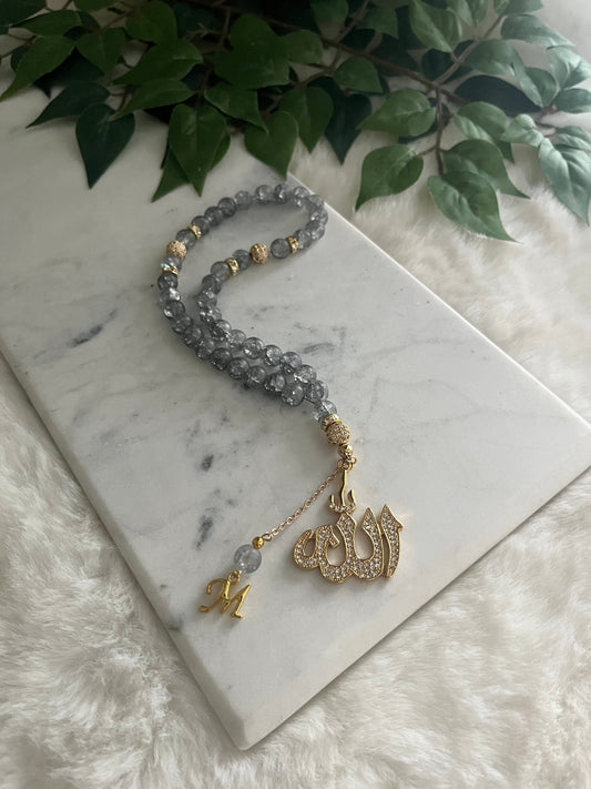 Tasbih - 33 Beads Handheld - Crackle Quartz - Allah & Letter