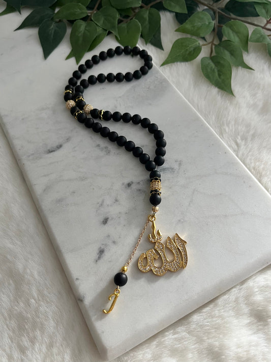 tasbih - 50 Beads - Matte Black & Gold - Allah & Letter