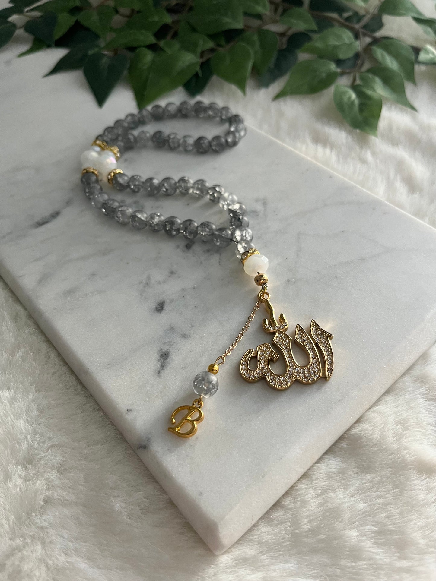 Tasbih - 50 Beads - Crackle Quartz - Allah Pendant & Letter