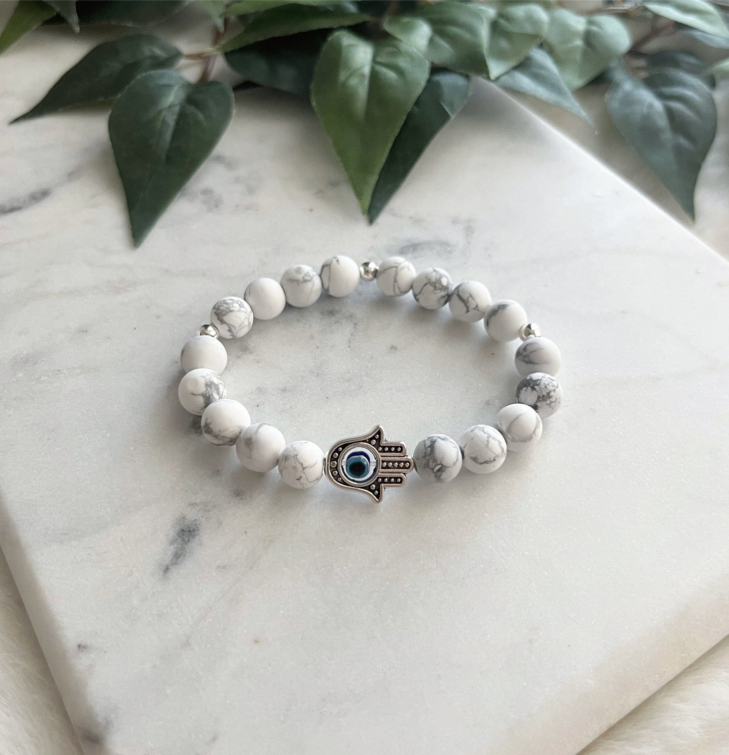 Howlite Hamsa Hand & Evil Eye Bracelet