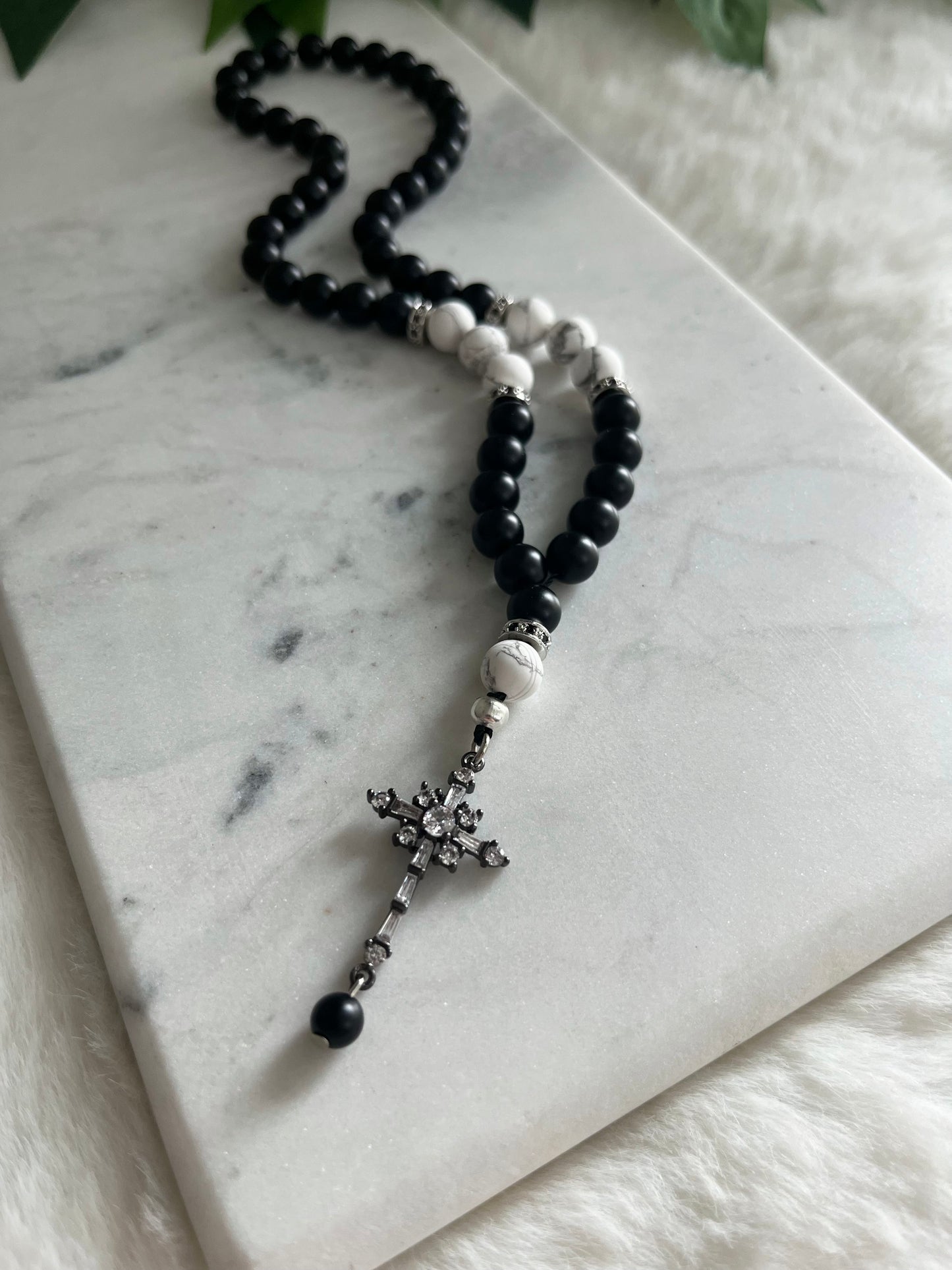 Rosary - 50 Beads - Matte Black & Howlite - Black Cross