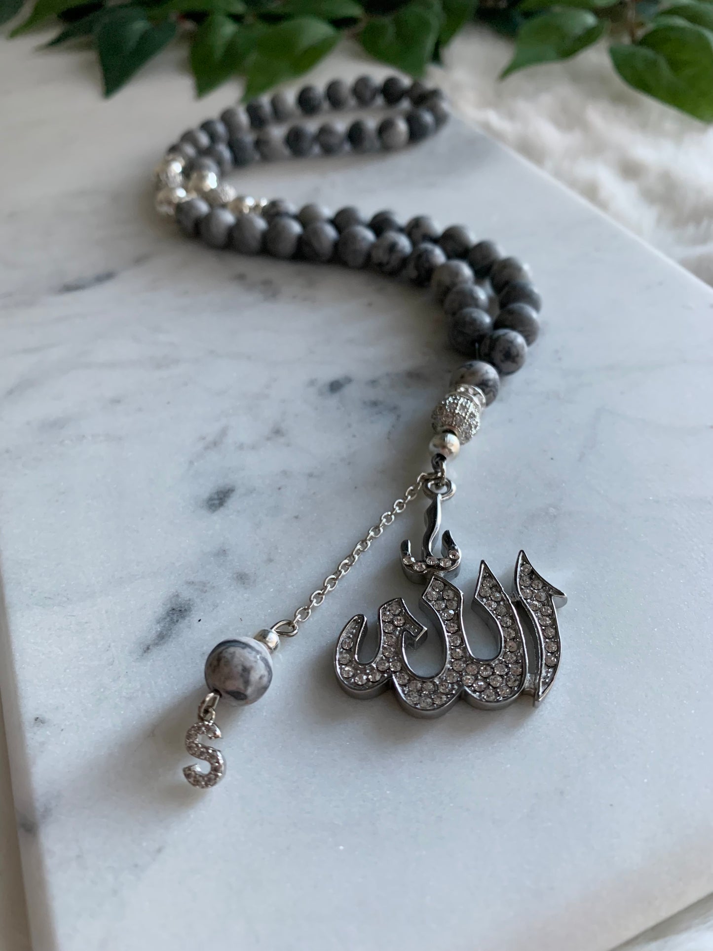 Tasbih - 50 Beads - Jasper Grey & Silver - Allah Pendant & Letter