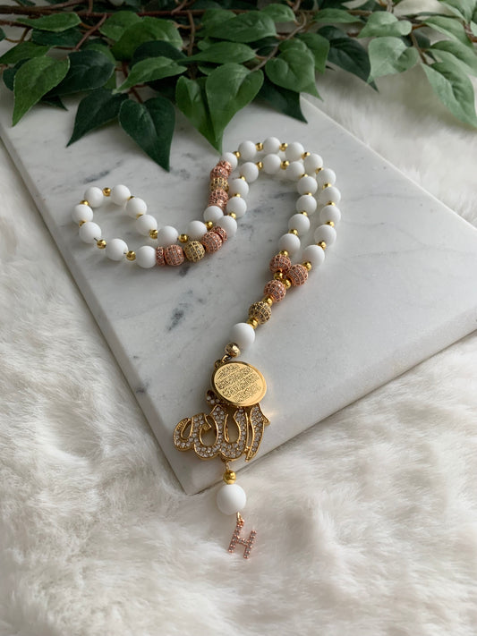 Tasbih - 33 Beads Hanging - Matte White, Gold & Rose Gold - Allah & Ayatul Kursi