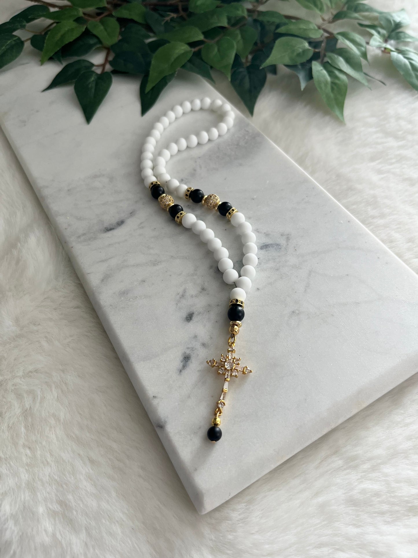 Rosary - 50 Beads - Matte White & Black - Golden Cross