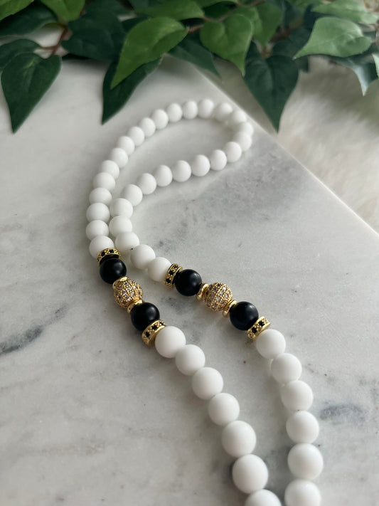 Rosary - 50 Beads - Matte White & Black - Golden Cross