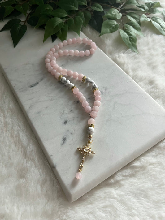 Rosary - 50 Beads - Matte Rose Quartz - Golden Cross