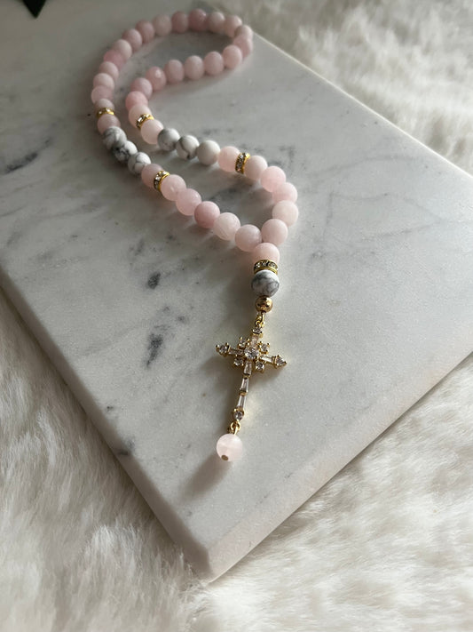 Rosary - Jeeps & Trucks - Matte Rose Quartz & Howlite - Golden Cross