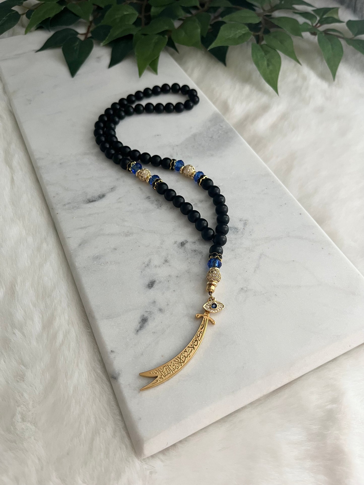 Tasbih - 50 Beads - Matte Black & Crystal Blue - Zulfiqar Sword