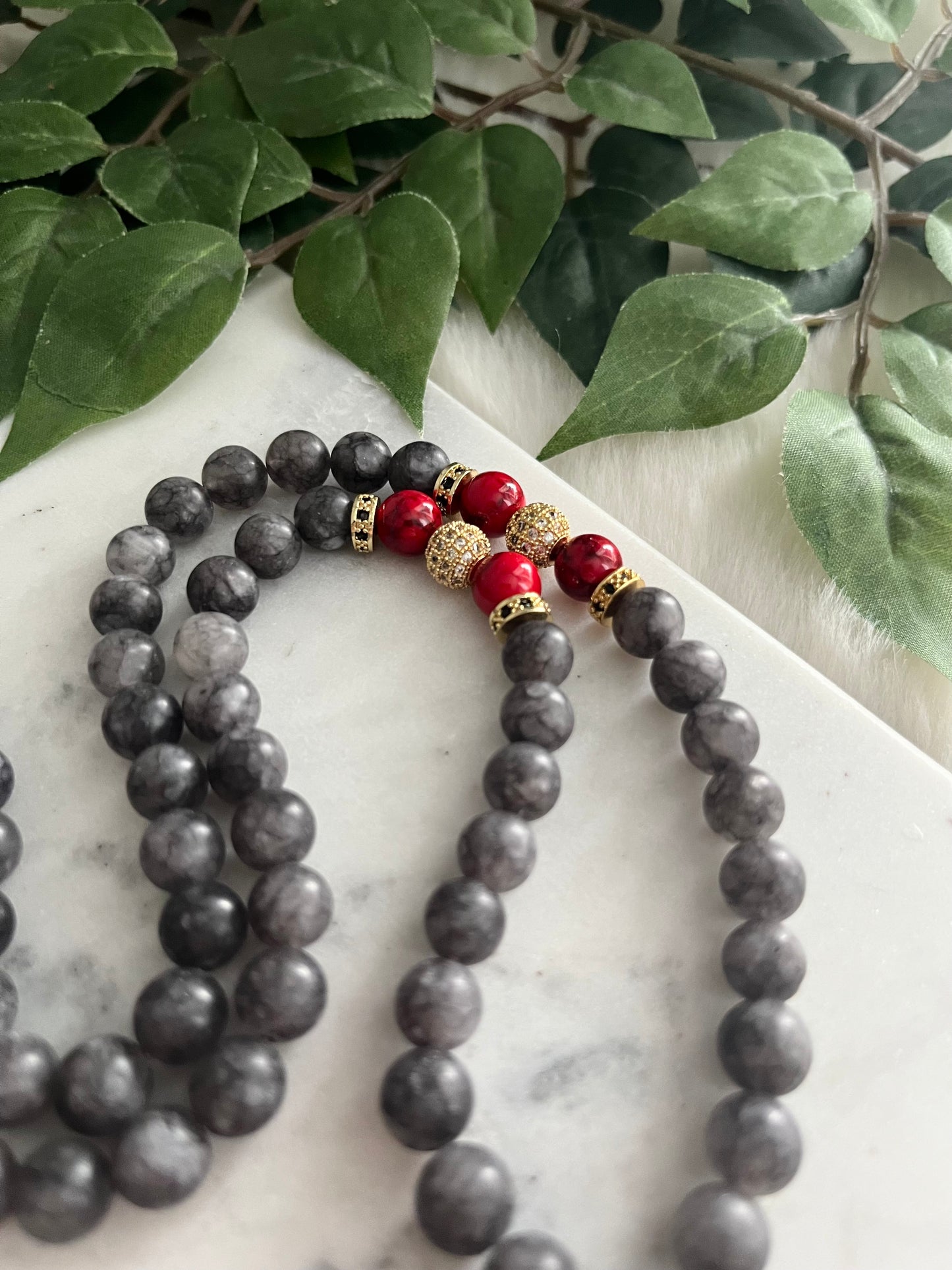 Tasbih - Mercedes - Grey Jade & Red - Allah Pendant & Ayatul Kursi - Letter