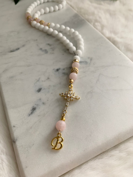 Rosary - 50 Beads - Matte White & Rose Quartz - Golden Cross & Letter