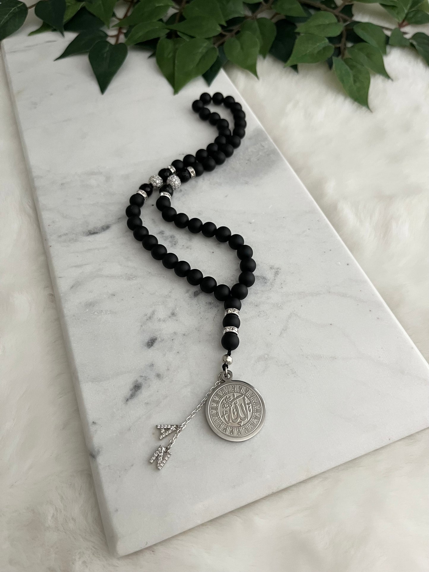 Tasbih - 50 Beads - Matte Black & Silver - Allah Medallion