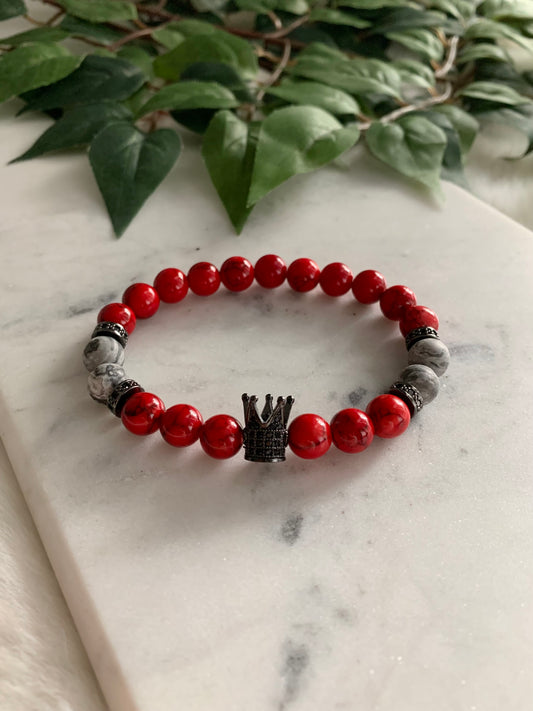 Red Marble & Jasper Tall King Crown Bracelet